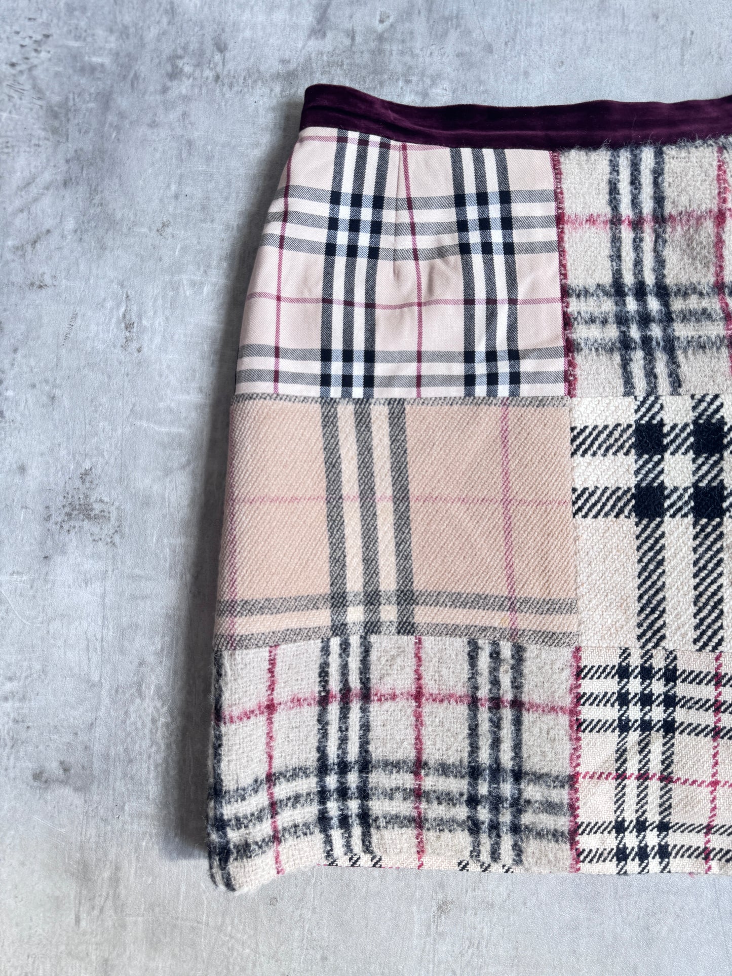 Burberry Patchwork Nova Check Wool Textured Midi Skirt