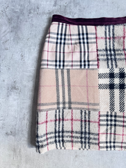 Burberry Patchwork Nova Check Wool Textured Midi Skirt