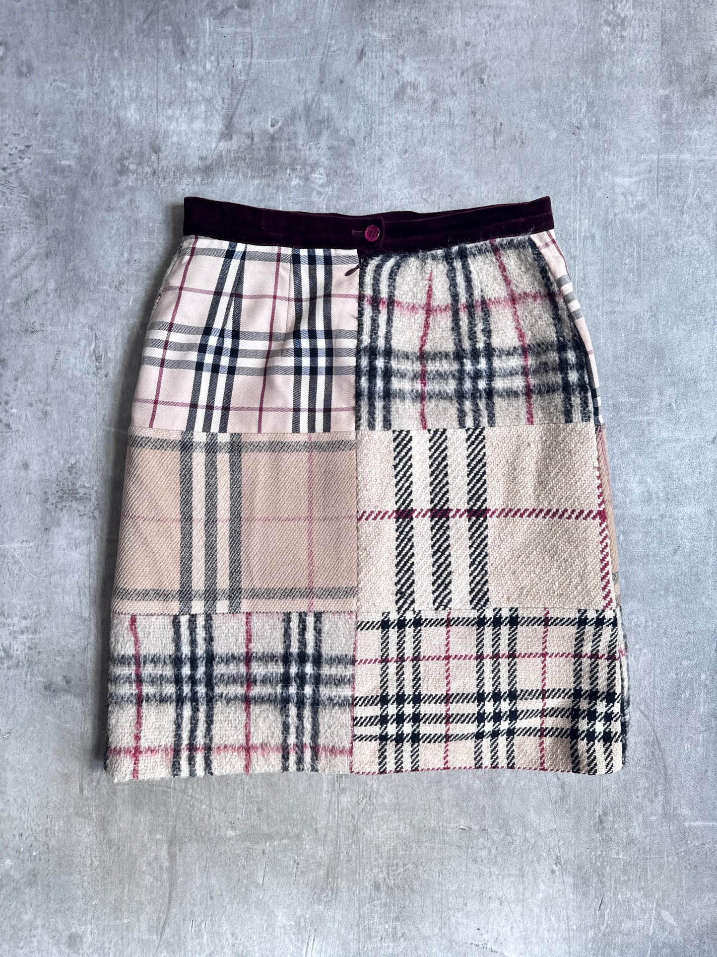Burberry Patchwork Nova Check Wool Textured Midi Skirt