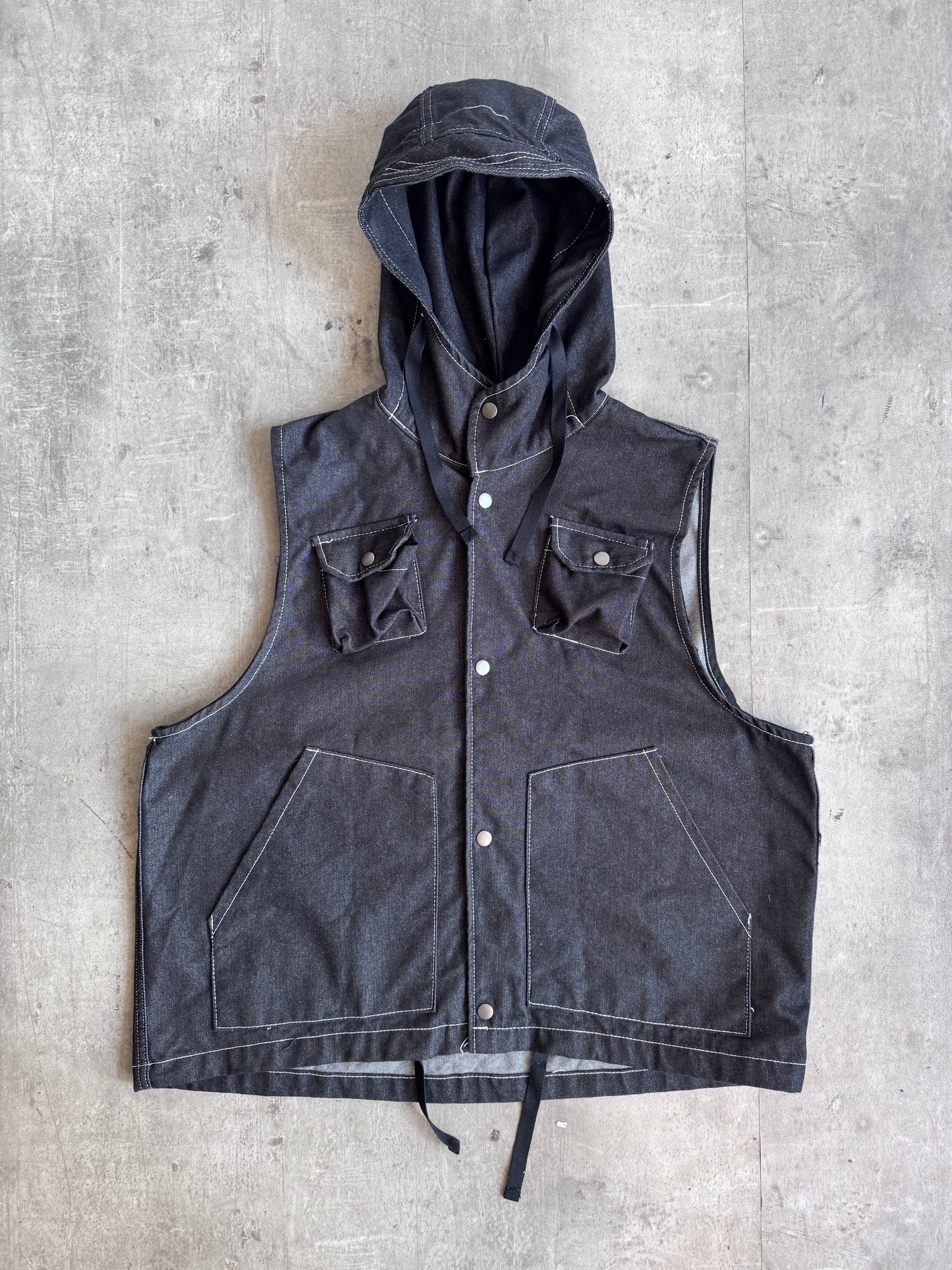 Farmers Market Black Denim Multipocket Cap HoodIndustrial Vest