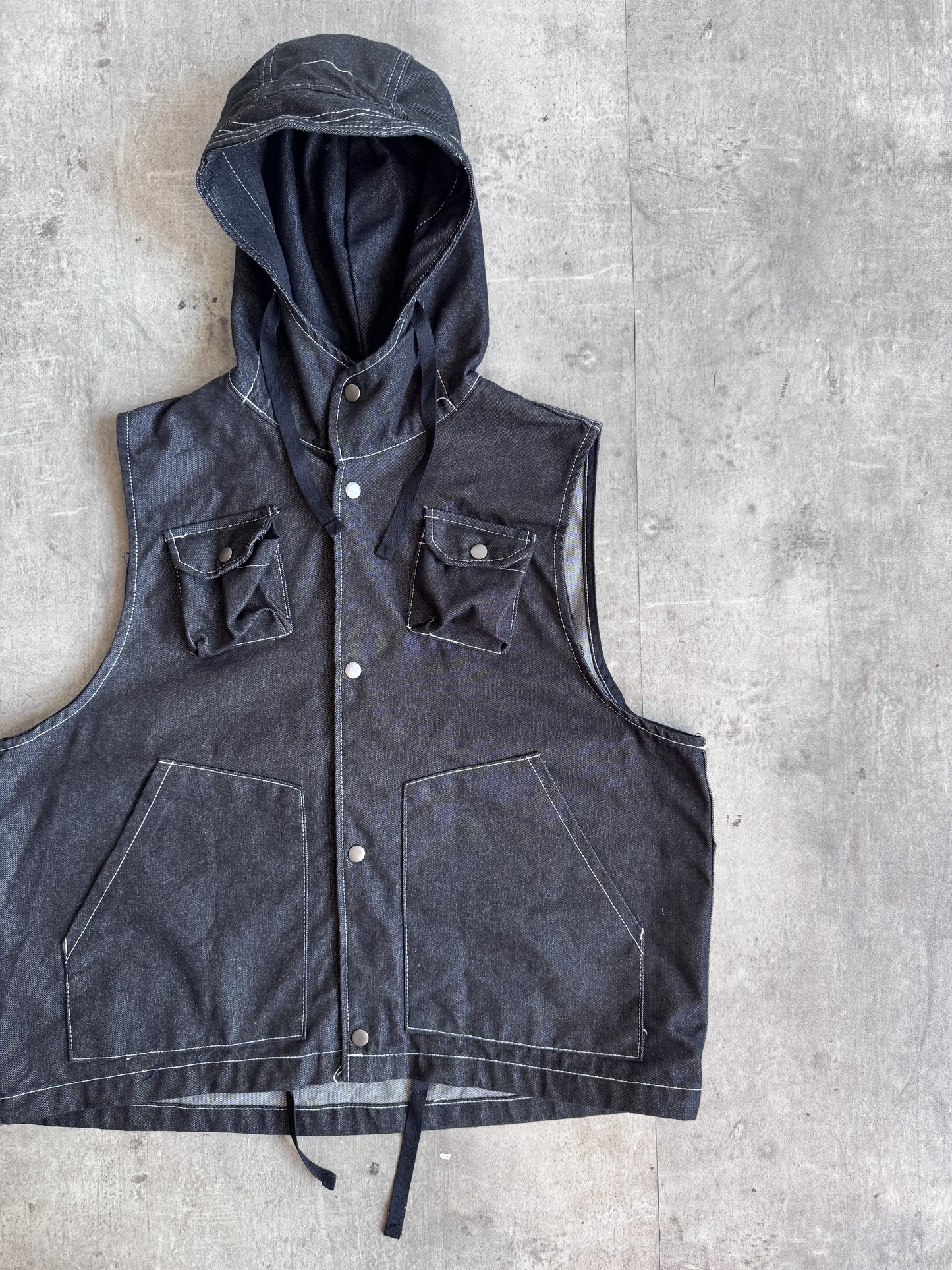 Farmers Market Black Denim Multipocket Cap HoodIndustrial Vest