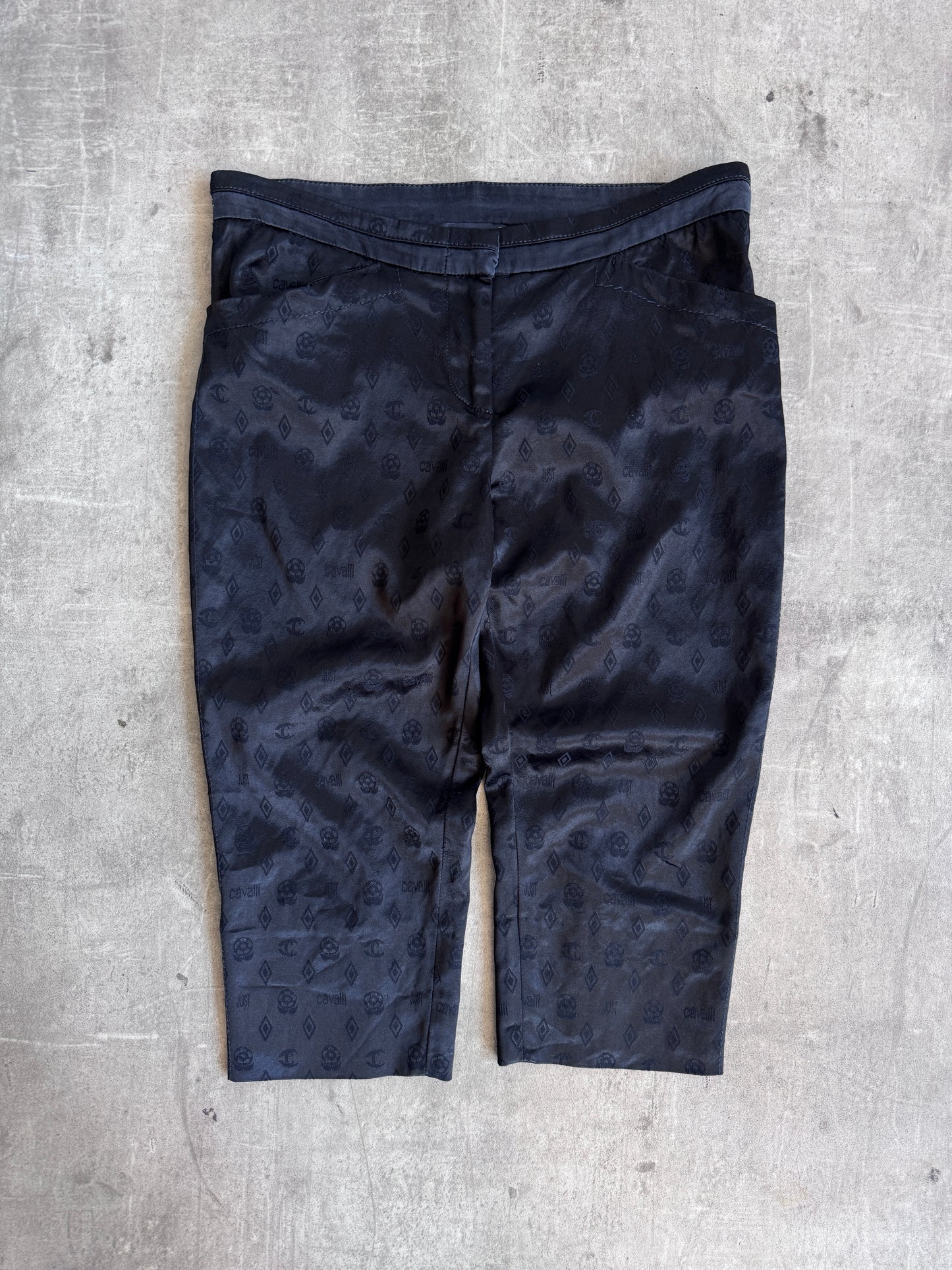 2000's Cavalli Black Satin Monogram Print Capris