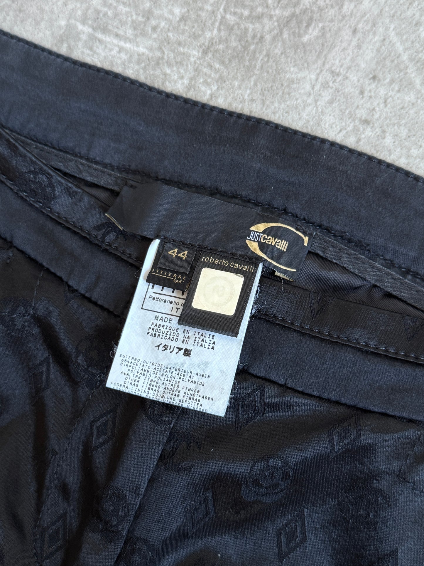 2000's Cavalli Black Satin Monogram Print Capris