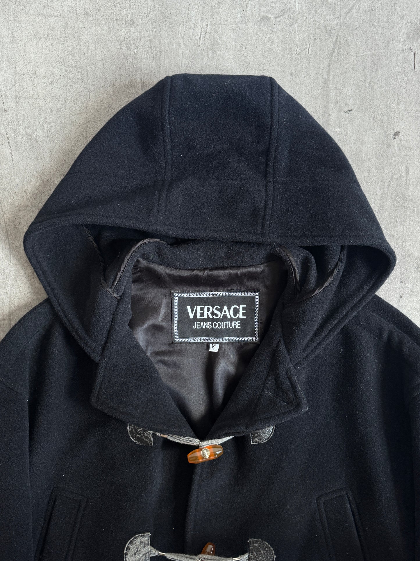 Versace Versus Black Wool Blend Logo Toggle Duffle Coat