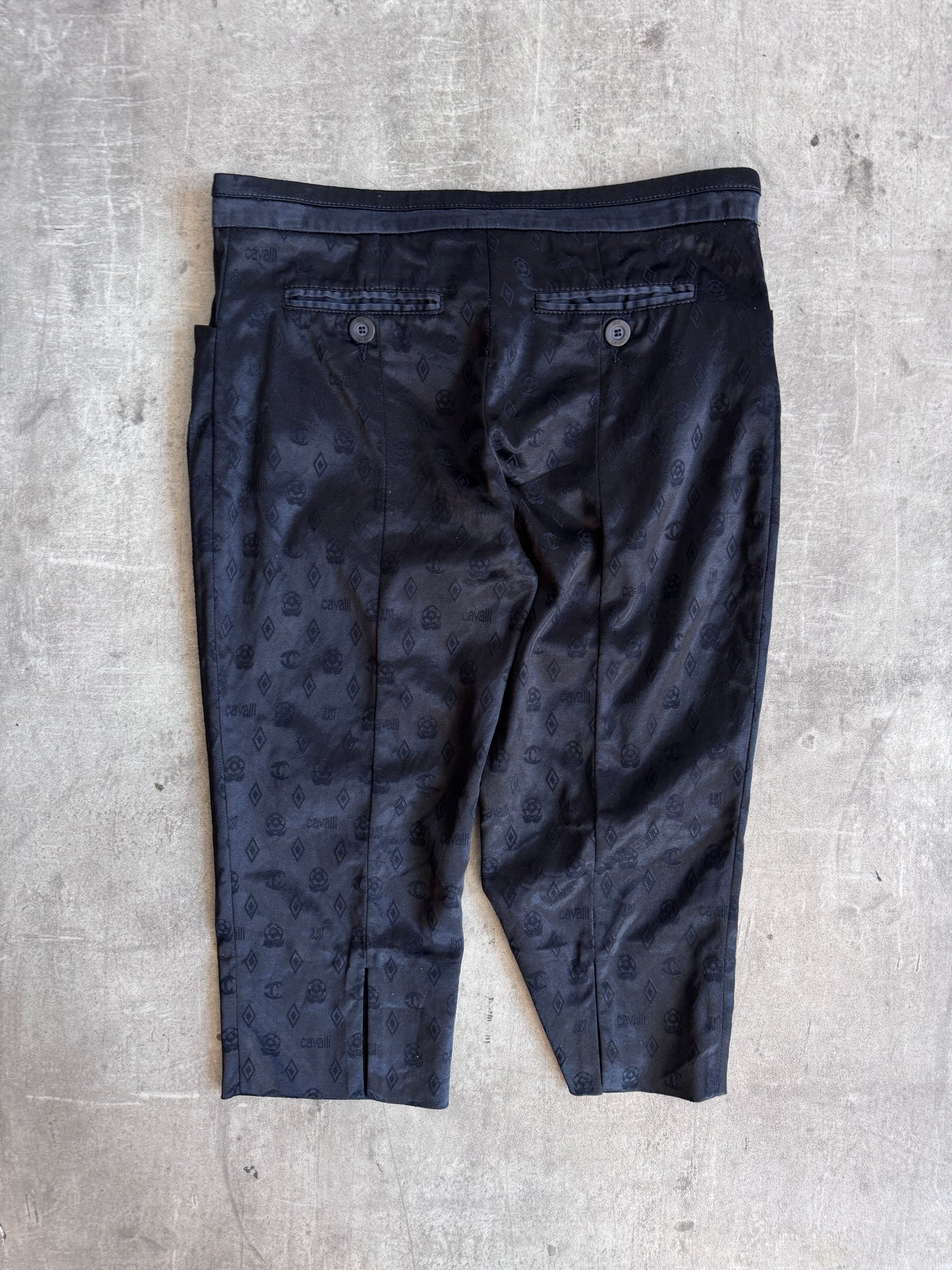 2000's Cavalli Black Satin Monogram Print Capris