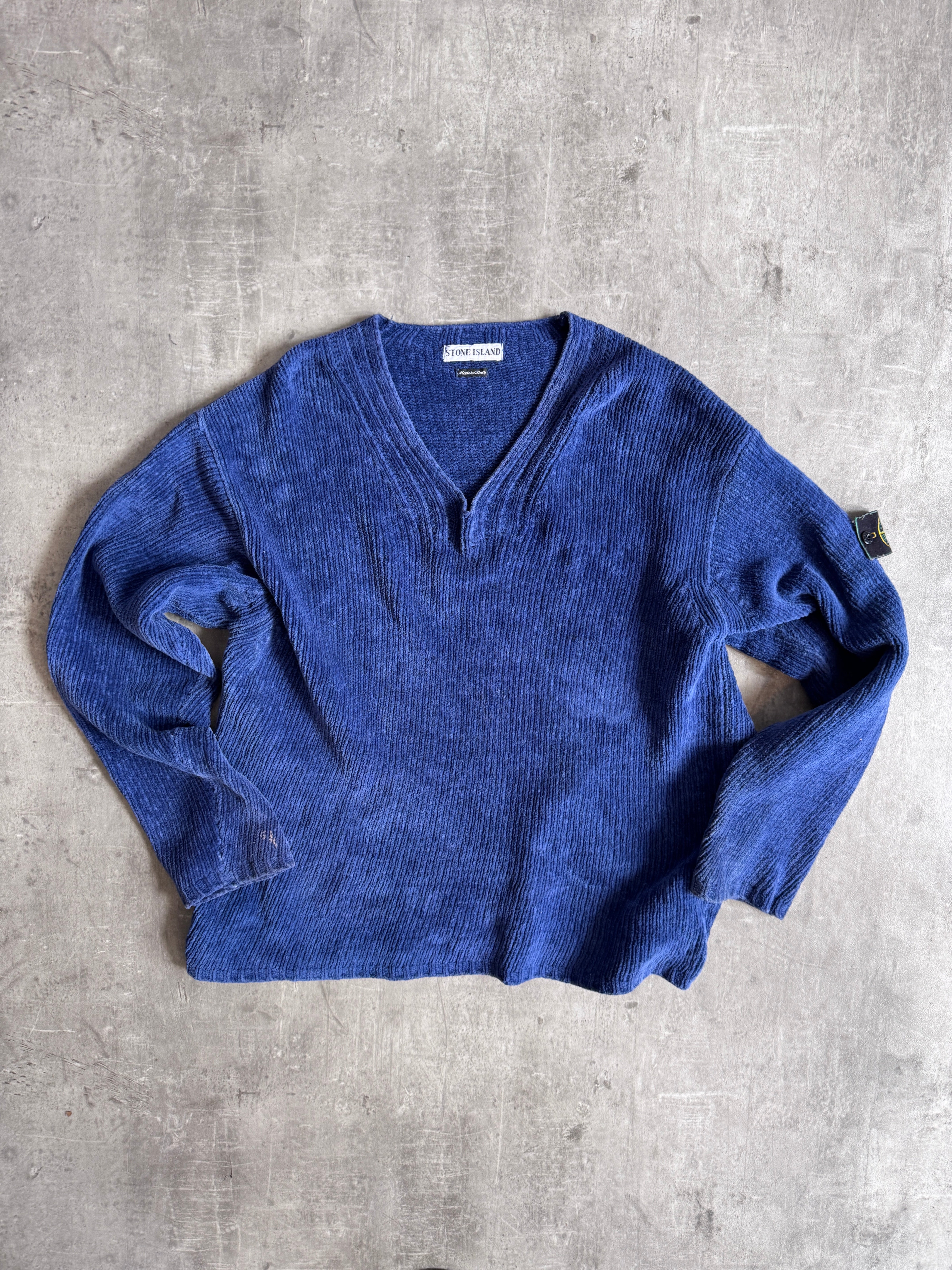 トップス 1997AW stone  knitwear A/W1997 Stone Island Blue Chenille Knit Sweater – Vintage