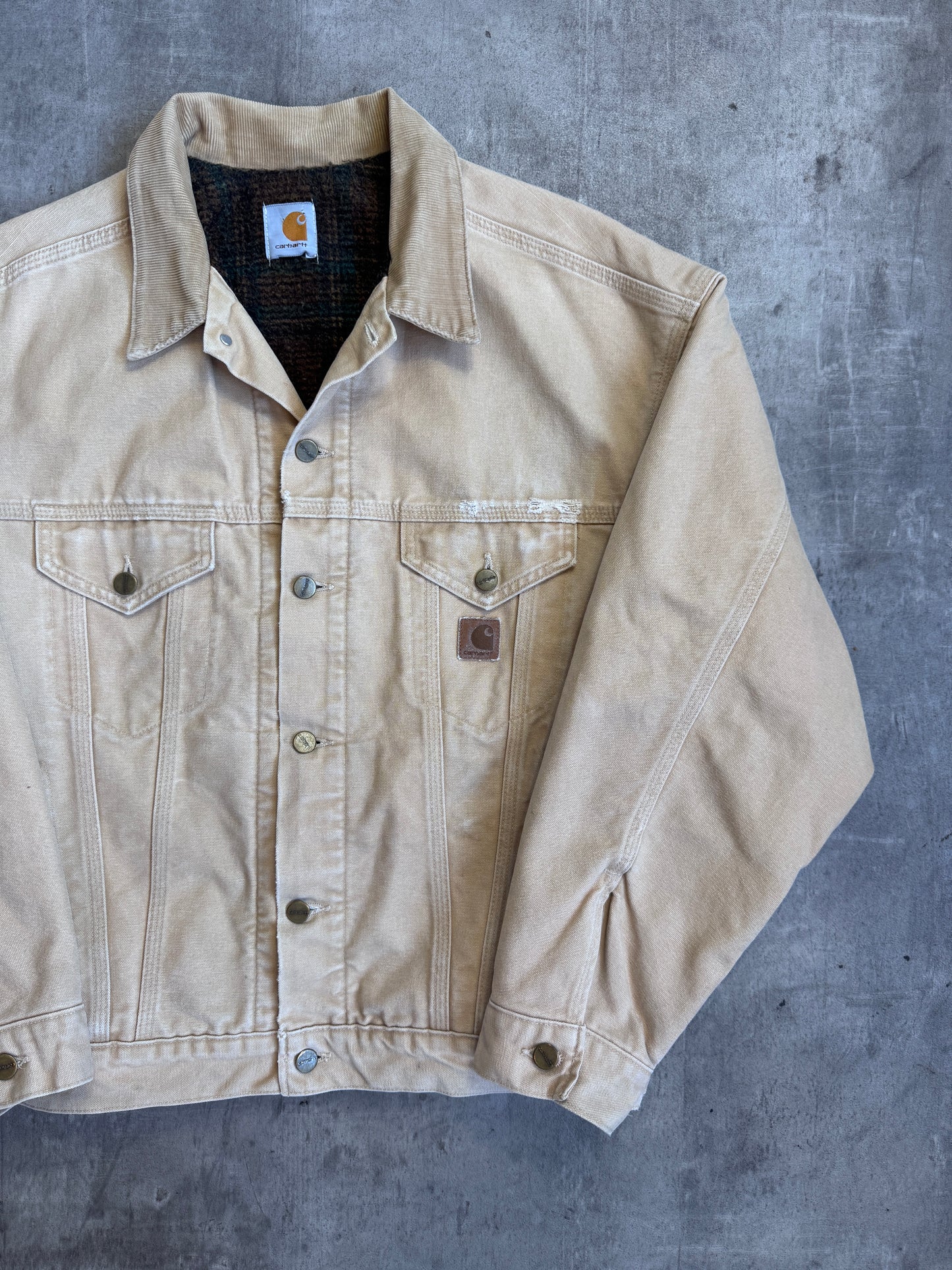 Carhartt Beige Distressed Denim Wool Lined WIP Dayton Trucker Jacket