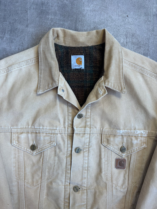 Carhartt Beige Distressed Denim Wool Lined WIP Dayton Trucker Jacket