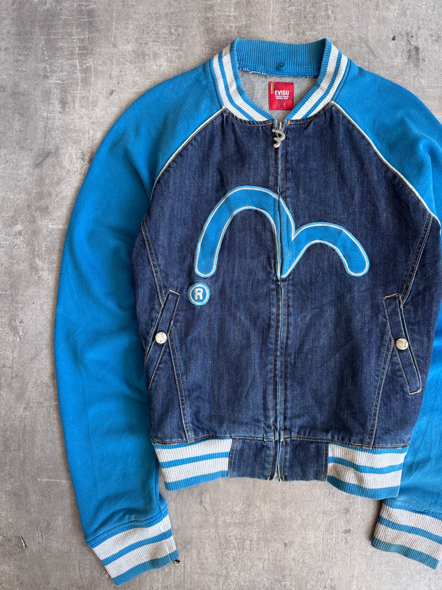 1990's Mighty Evisu Denim Panlled Seagull Logo Varsity Jacket