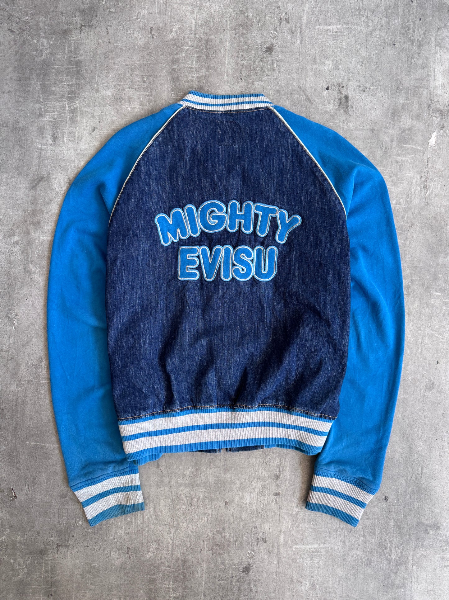 1990's Mighty Evisu Denim Panlled Seagull Logo Varsity Jacket