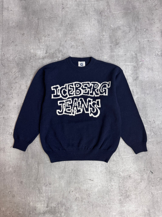 ICEBERG 1994 Jeans Navy Logo Lana Wool Knit Crewneck Sweater