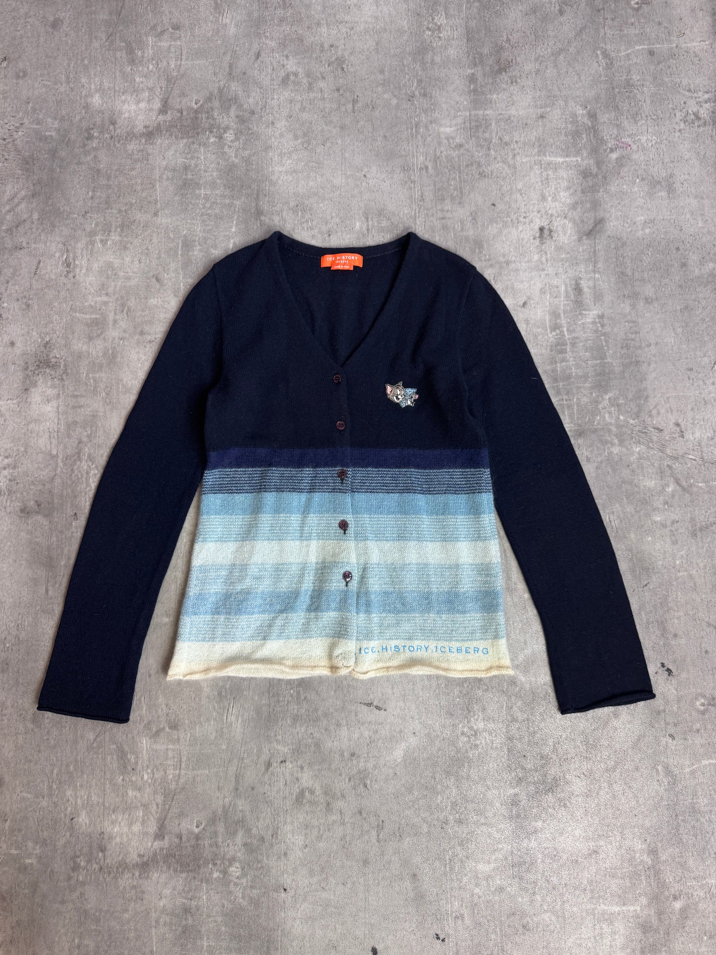 Iceberg Ice.History Mohair Blend Blue Button Down Tom And Jerry Patch Cardigan. SC: 5782