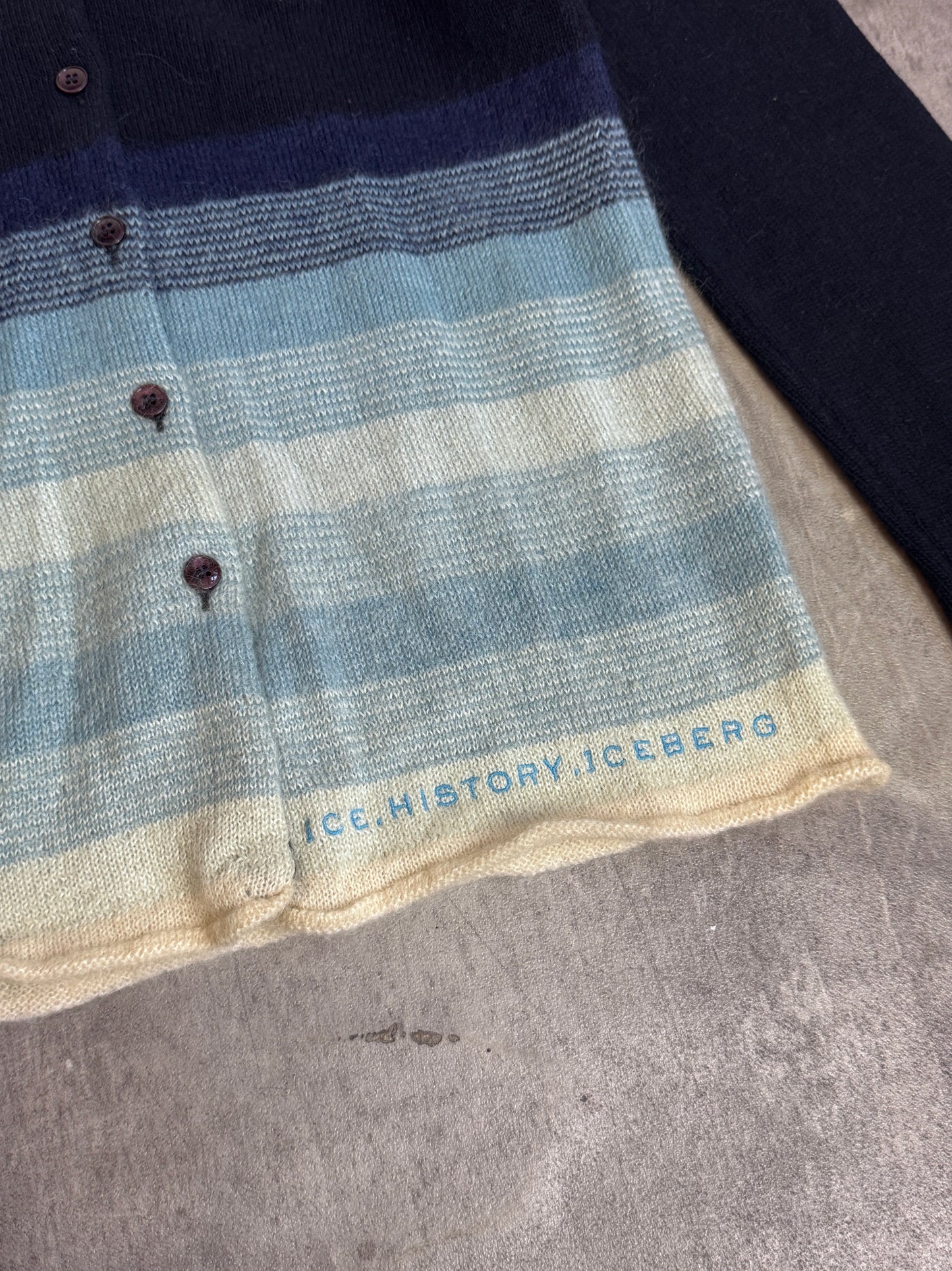 Iceberg Ice.History Mohair Blend Blue Button Down Tom And Jerry Patch Cardigan. SC: 5782