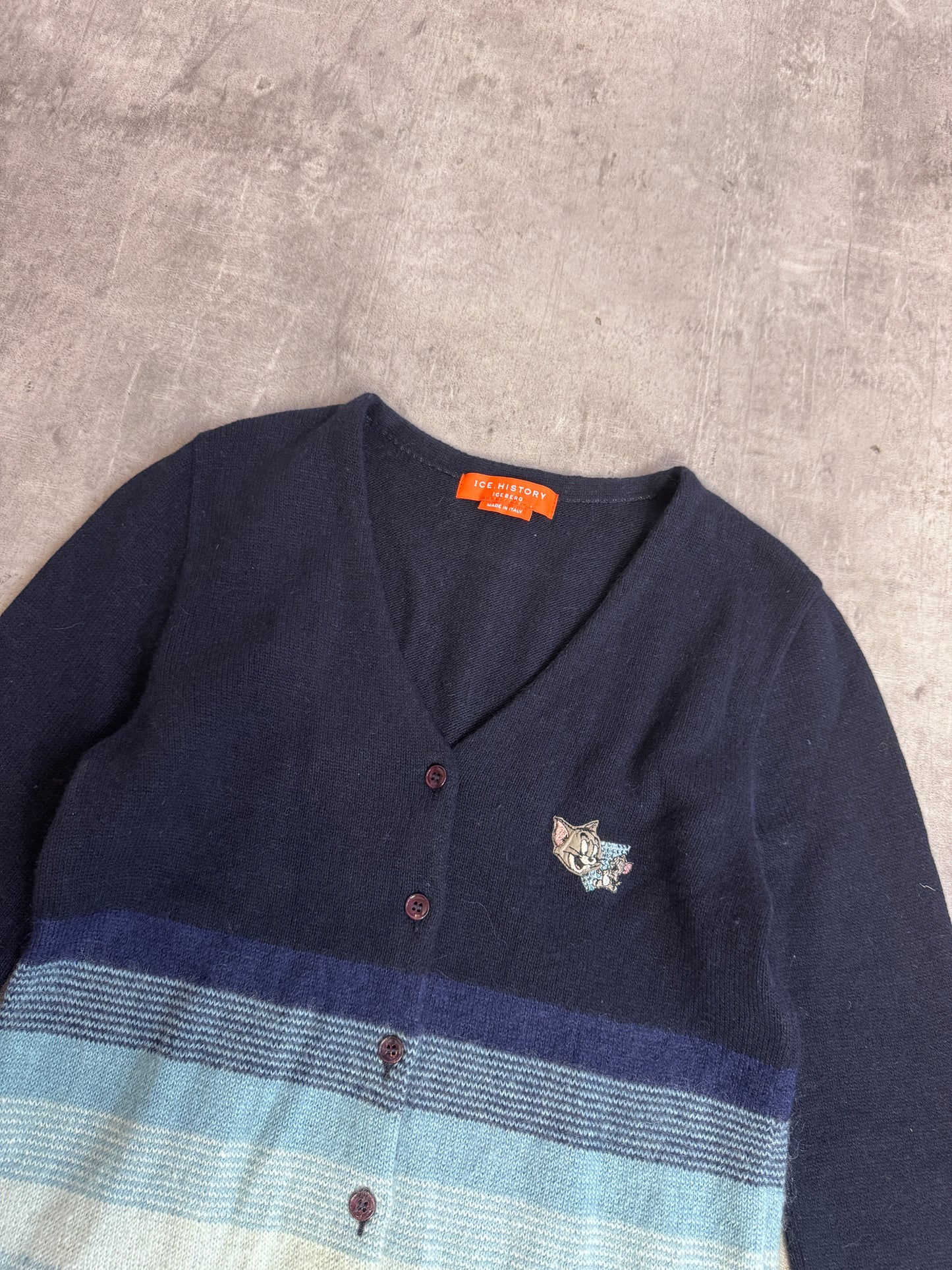 Iceberg Ice.History Mohair Blend Blue Button Down Tom And Jerry Patch Cardigan. SC: 5782