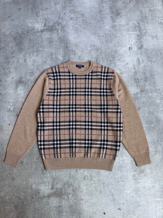 Burberry Beige Classic Check Cashmere Wool Blend Crewneck