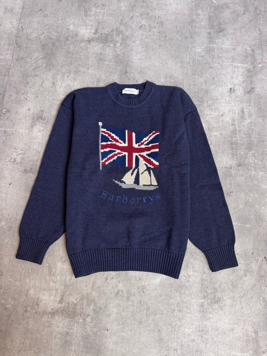 Burberry's 1990 Navy Knit Union Jack Embellished Crewneck