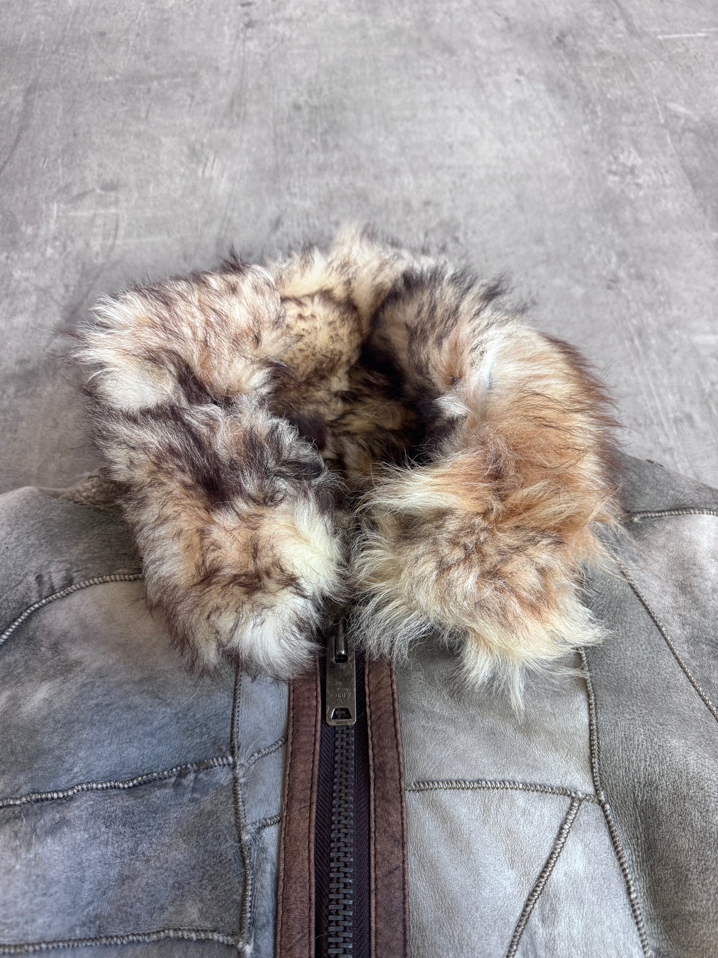 Avirex Type B-3 Grey Patchwork Leather Faux Fur Lined Shearling Coat