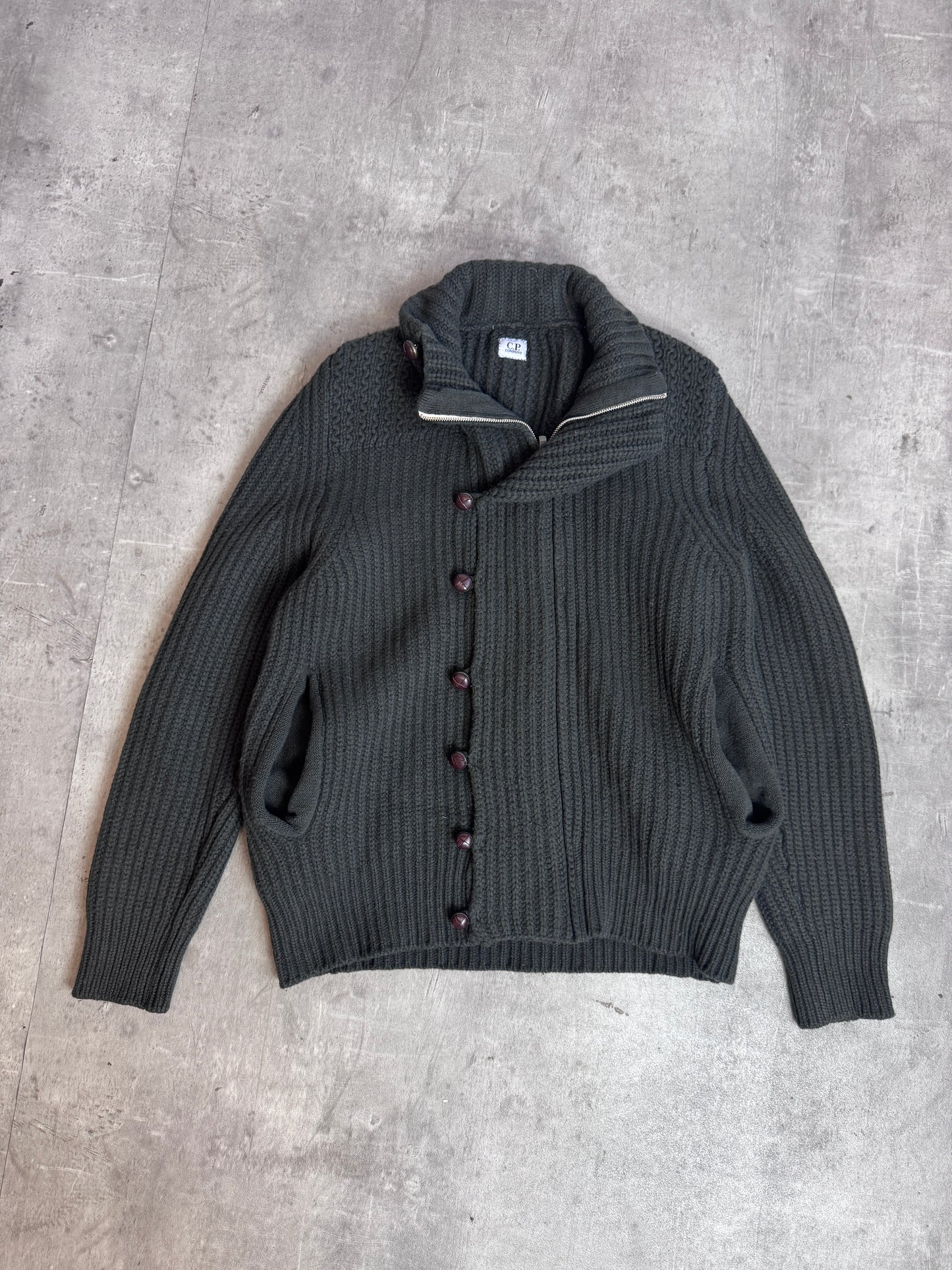 A/W 09' C.P. Company Military Green Lana Wool Rib Knit Asymmetric Button Up Sweater