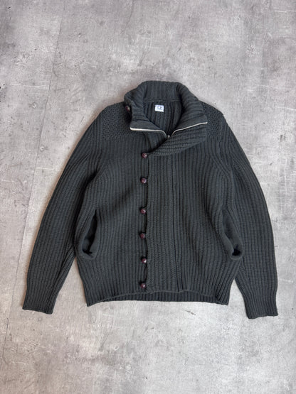 A/W 09' C.P. Company Military Green Lana Wool Rib Knit Asymmetric Button Up Sweater