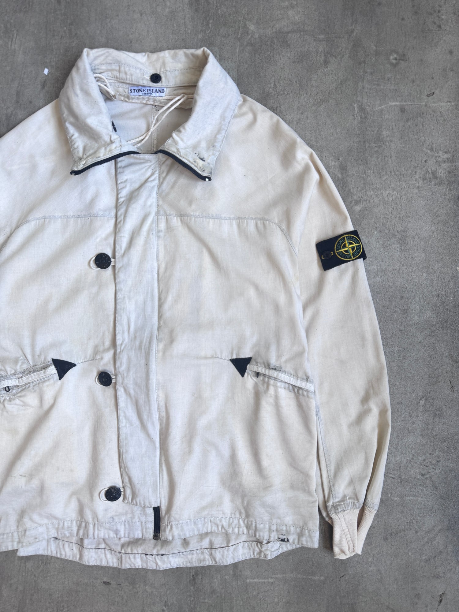 A/W 2004 Stone Island Raso Gammato Cream Distressed Tech Jacket (Sold As Seen)
