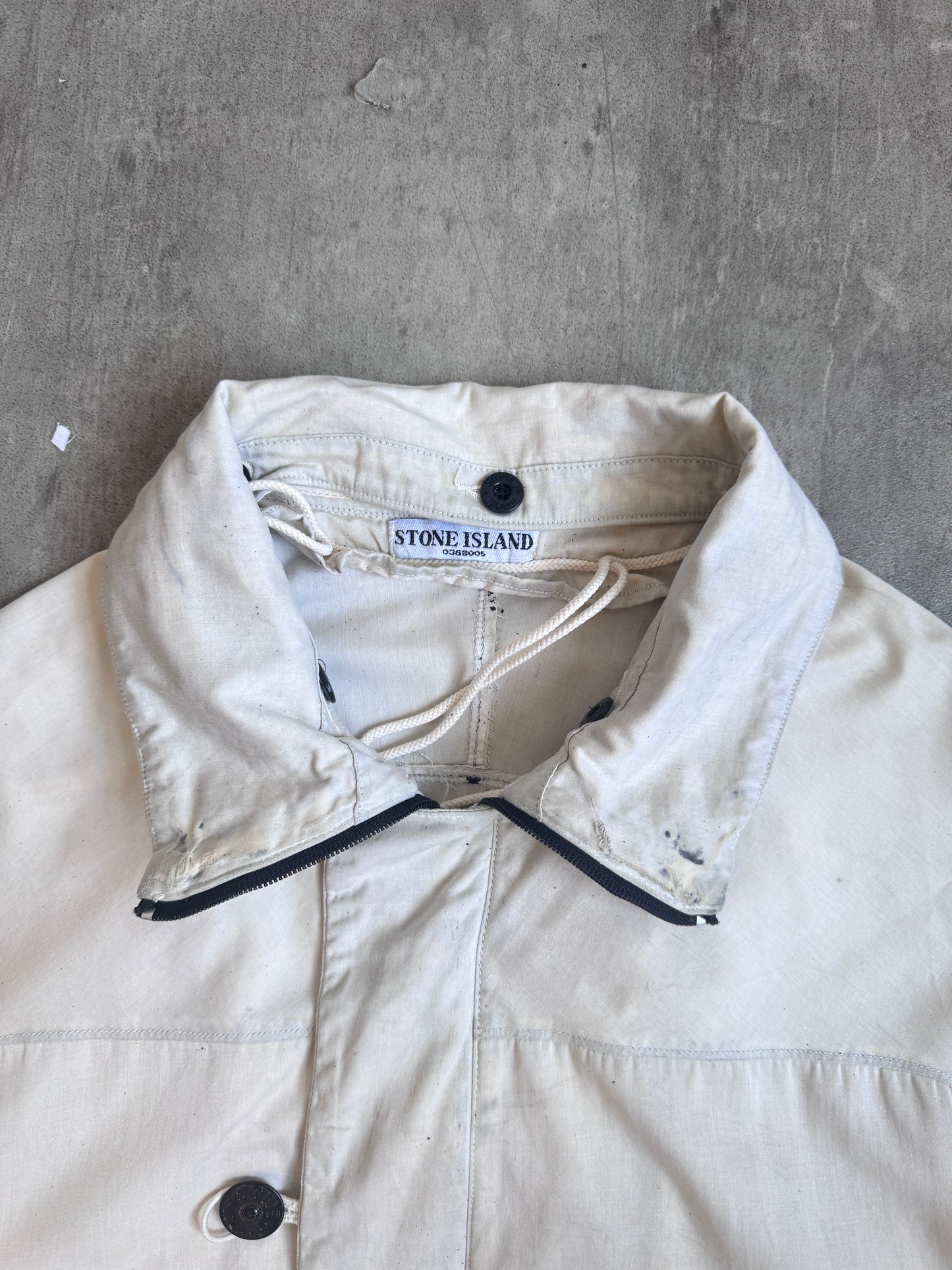 A/W 2004 Stone Island Raso Gammato Cream Distressed Tech Jacket (Sold As Seen)