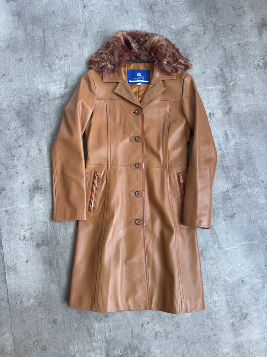 Burberry Blue Label Tan Leather Chichan Lamb Trim Coat