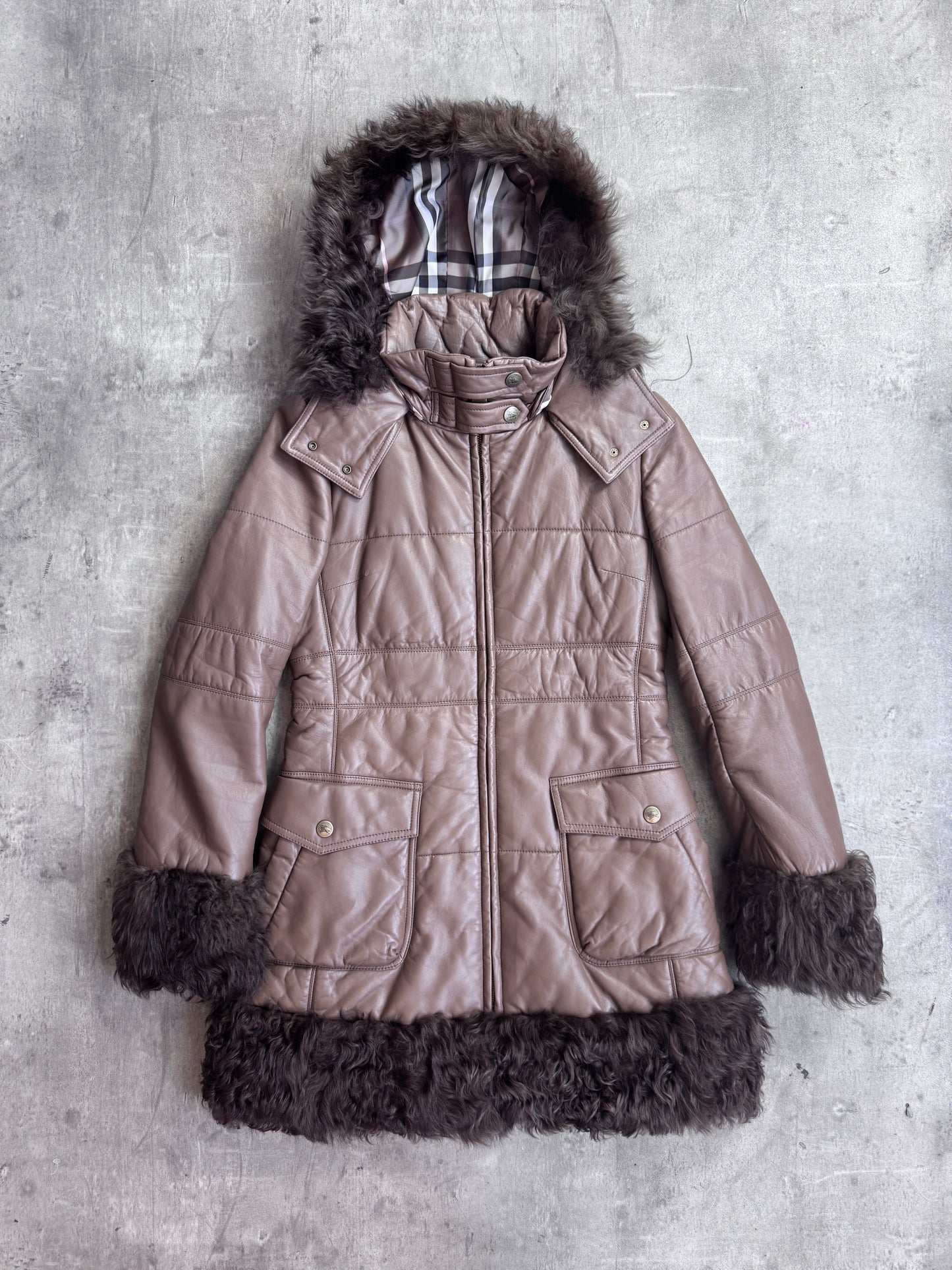 Burberry Mongolian Lambs Fur Trim Leather Quilted Parka
