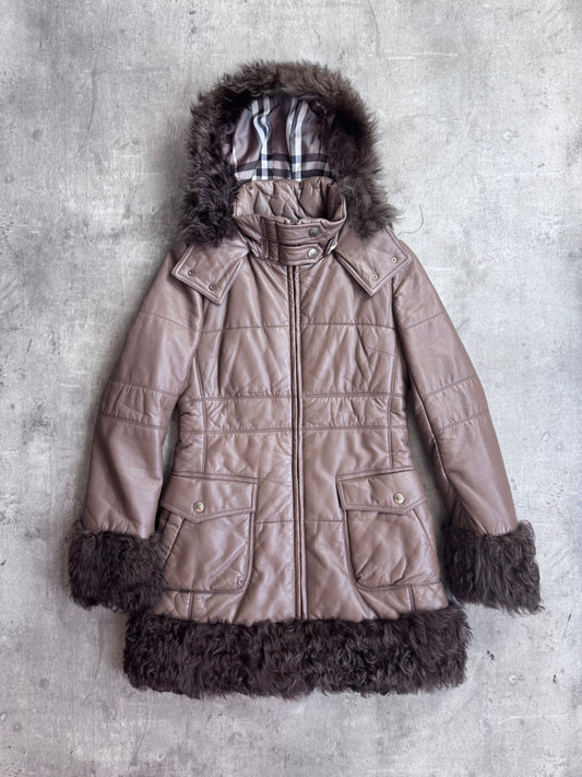 Burberry Mongolian Lambs Fur Trim Leather Quilted Parka