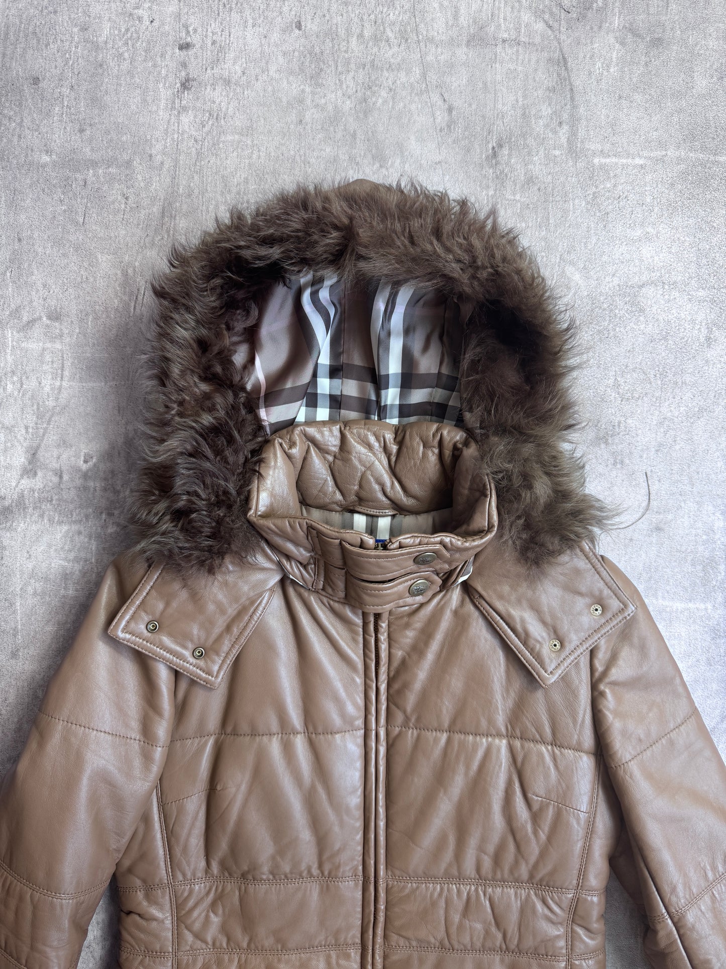 Burberry Mongolian Lambs Fur Trim Leather Quilted Parka