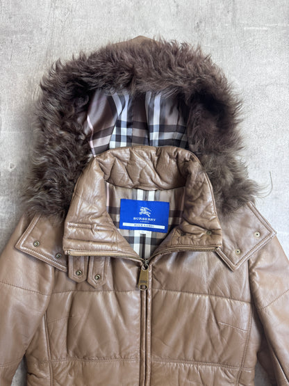 Burberry Mongolian Lambs Fur Trim Leather Quilted Parka