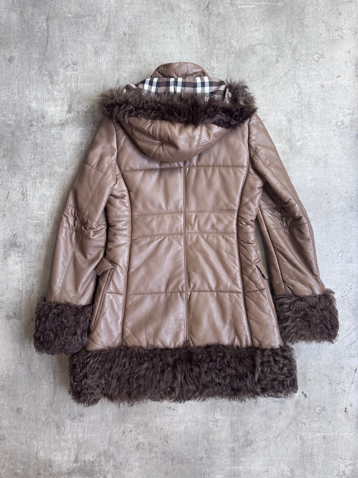 Burberry Mongolian Lambs Fur Trim Leather Quilted Parka