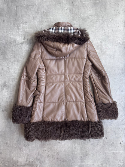 Burberry Mongolian Lambs Fur Trim Leather Quilted Parka