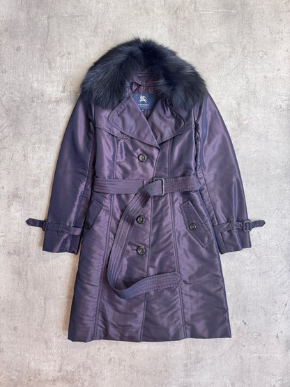 Burberry Fox Fur Collar Belted Nylon Purple Trench Coat
