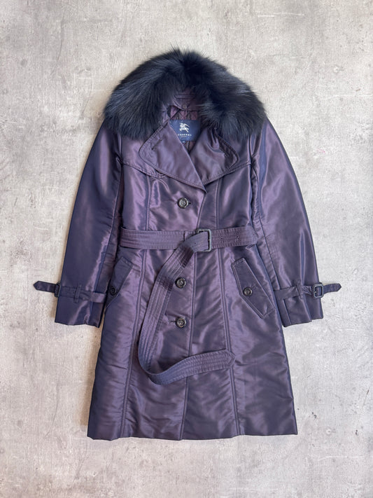 Burberry Fox Fur Collar Belted Nylon Purple Trench Coat