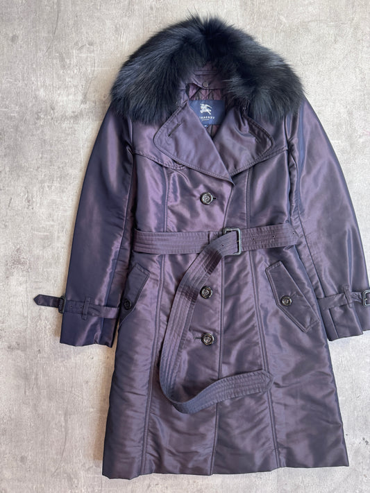 Burberry Fox Fur Collar Belted Nylon Purple Trench Coat