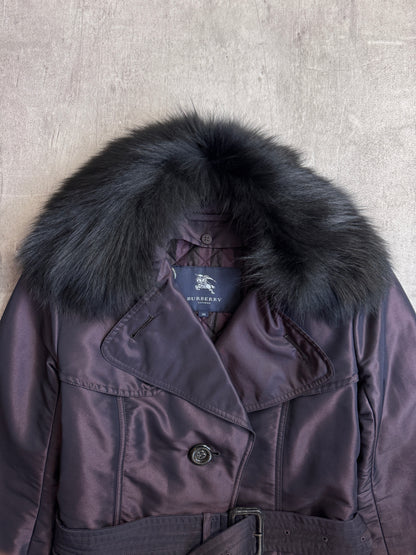 Burberry Fox Fur Collar Belted Nylon Purple Trench Coat