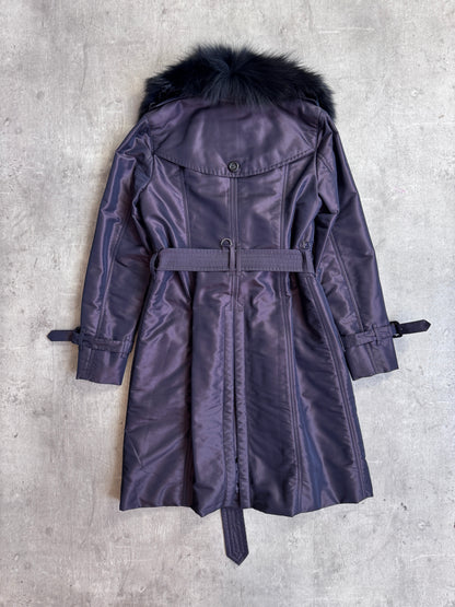 Burberry Fox Fur Collar Belted Nylon Purple Trench Coat