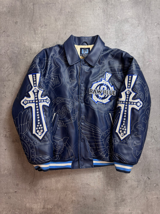 Raw Blue Navy Leather Bomber Jacket