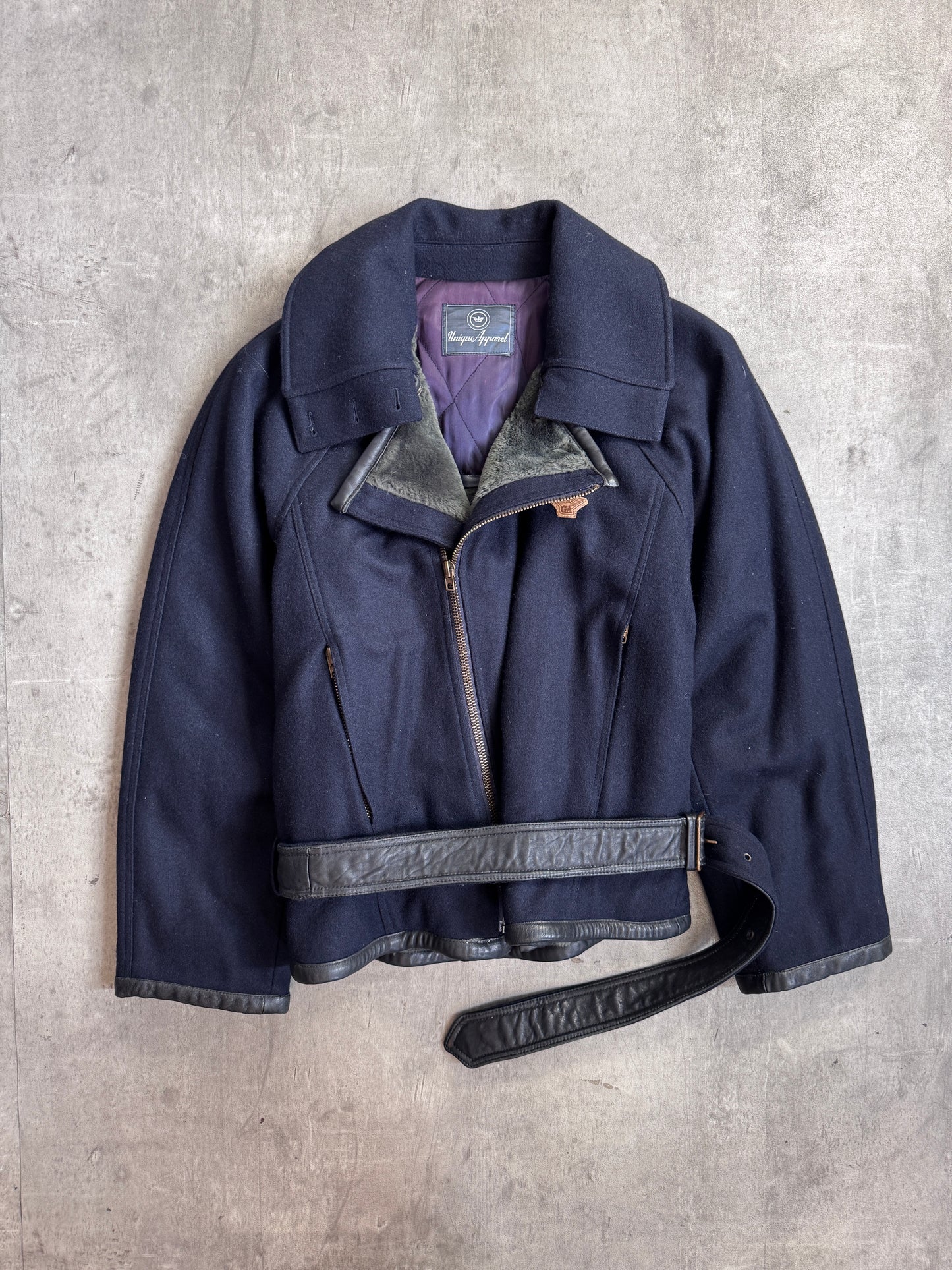Giorgio Armani Unique Apparel 1980 Wide Double Collar Leather Belt Navy Wool Jacket