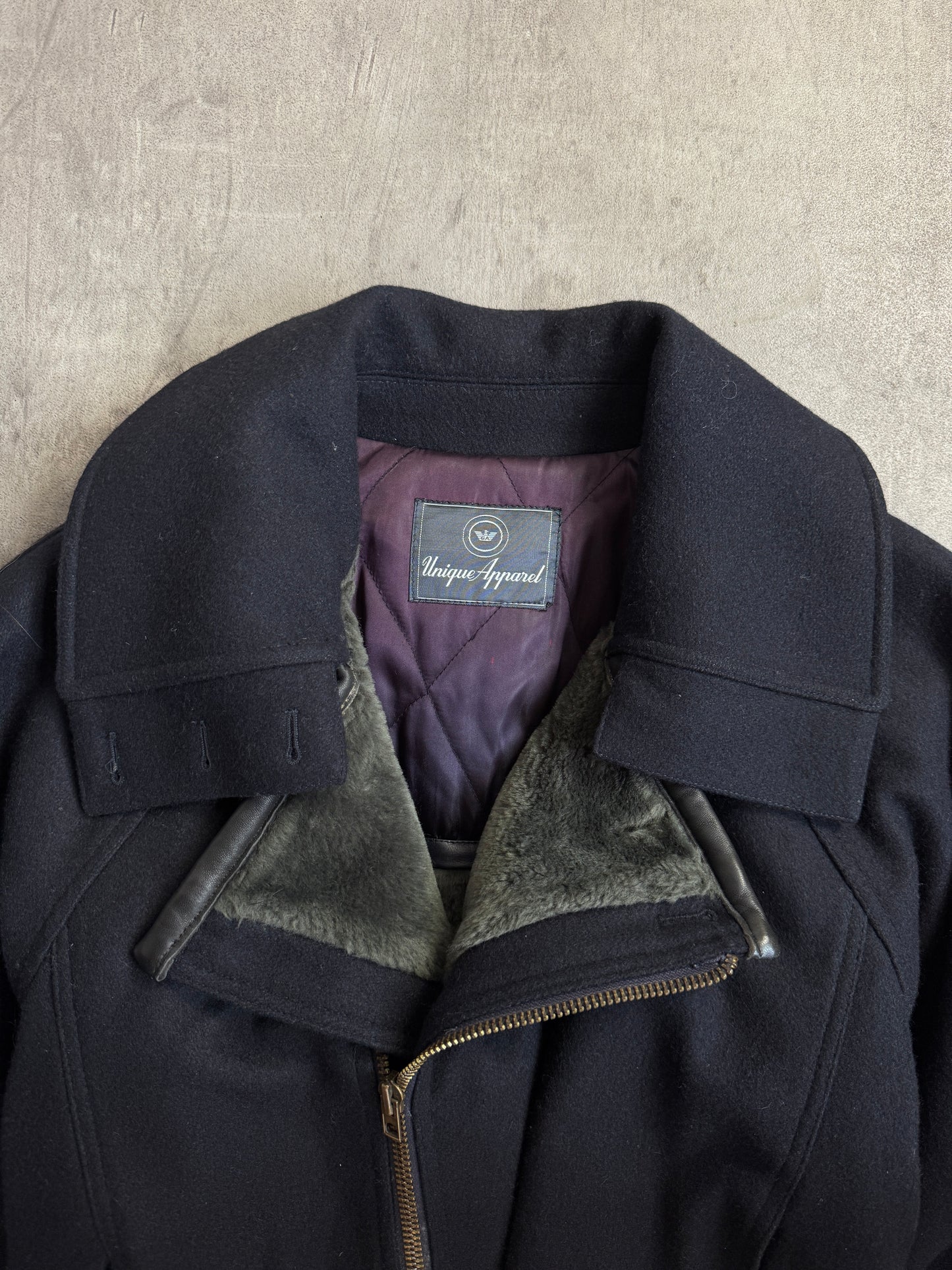 Giorgio Armani Unique Apparel 1980 Wide Double Collar Leather Belt Navy Wool Jacket