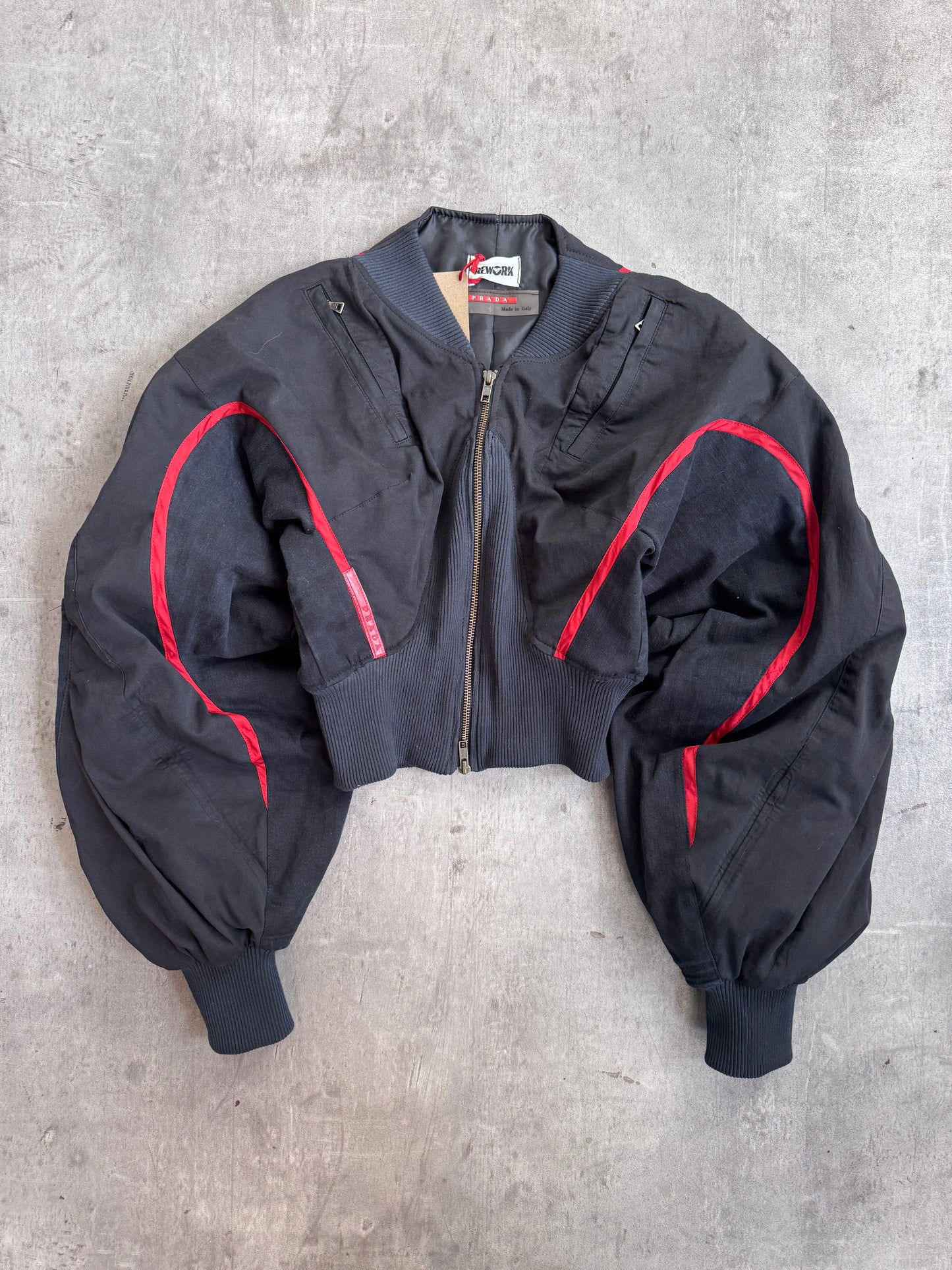 VT Rework: Prada Red Stripe Balloon Sleeve Cropped Bomber
