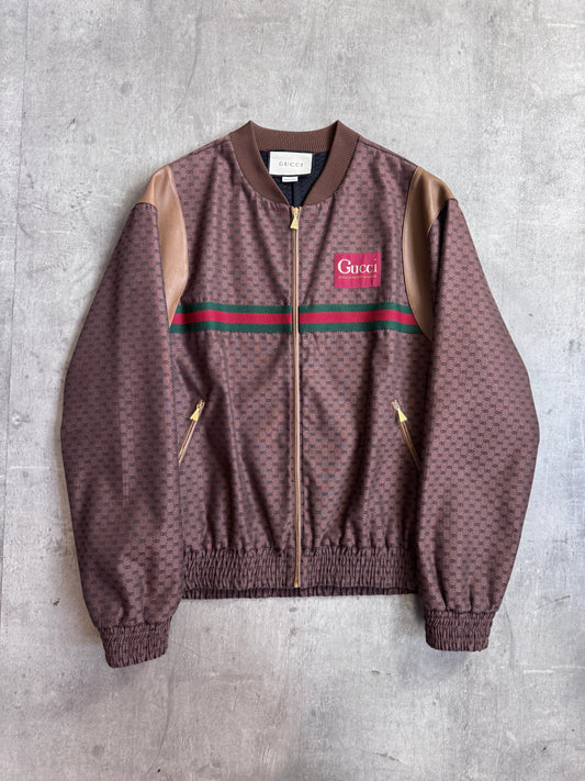 Gucci Jacquard Canvas Brown Monogram Signature Stripe Leather Detailed Bomber