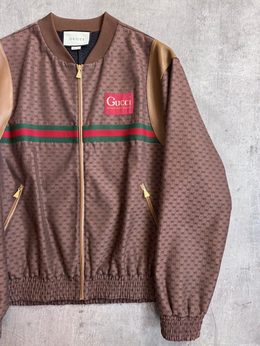 Gucci Jacquard Canvas Brown Monogram Signature Stripe Leather Detailed Bomber