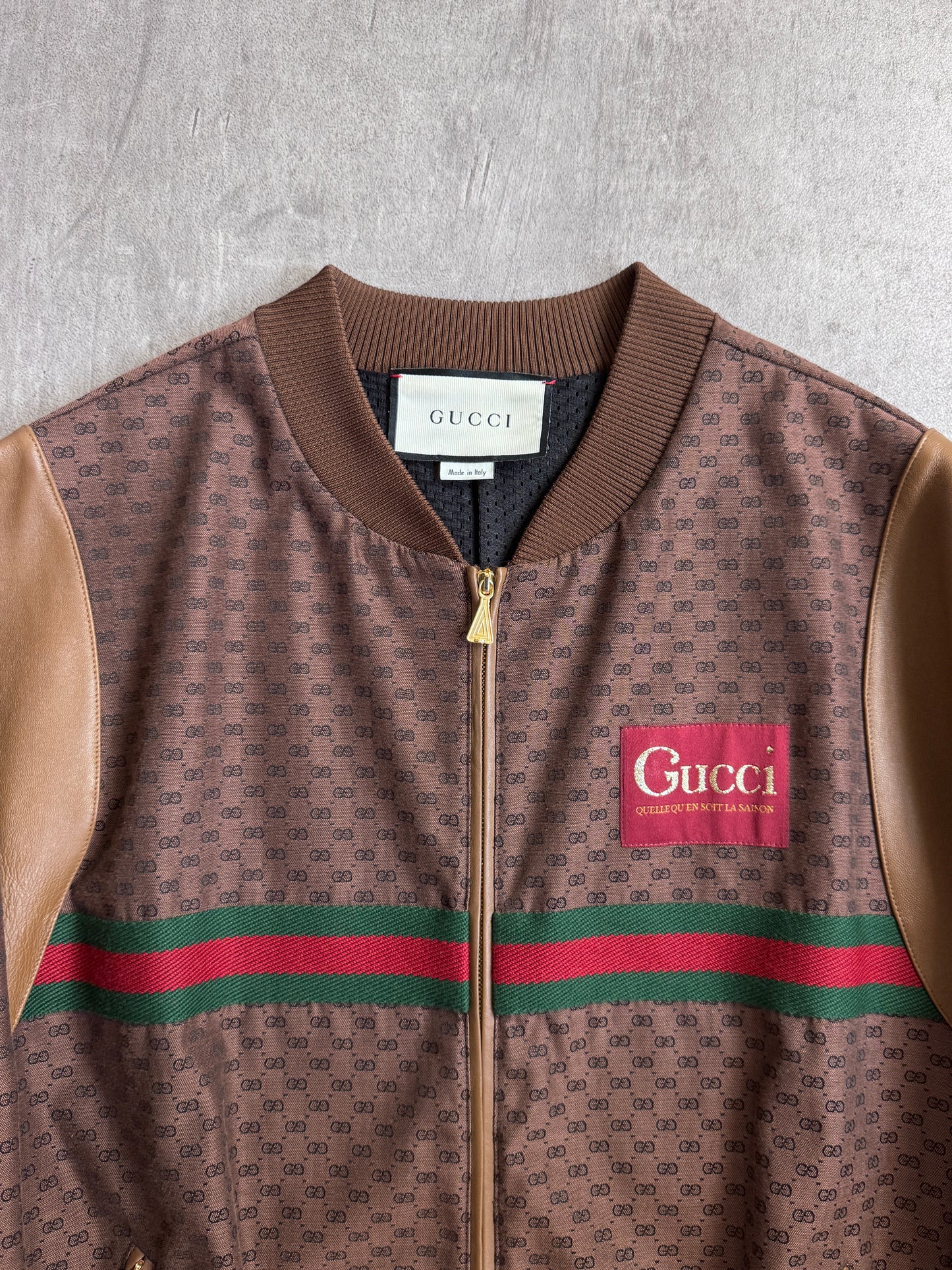 Gucci Jacquard Canvas Brown Monogram Signature Stripe Leather Detailed Bomber