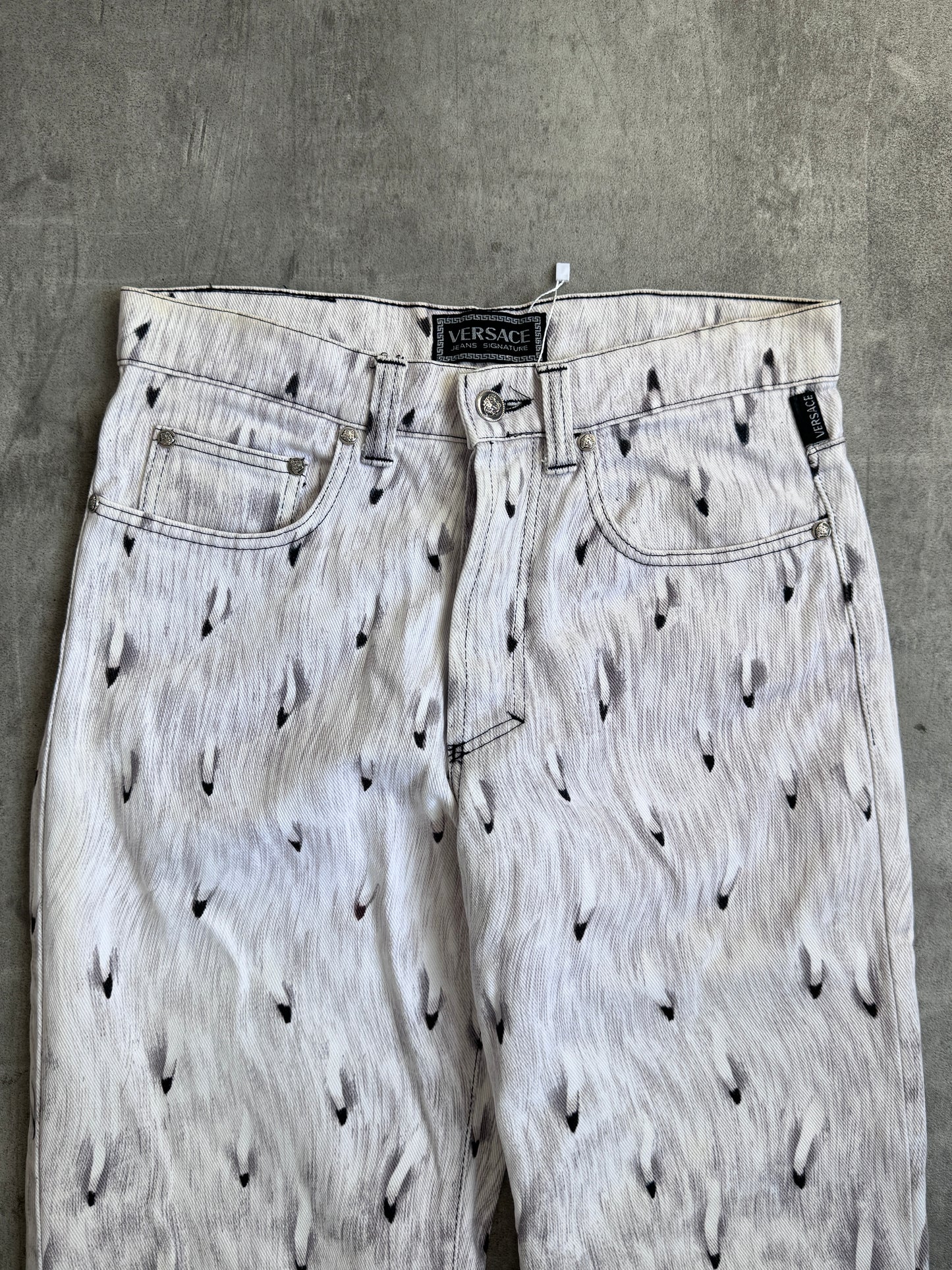 Archive 95' Versace Feather Graphic Print Medusa Embellem Bootcut Jeans