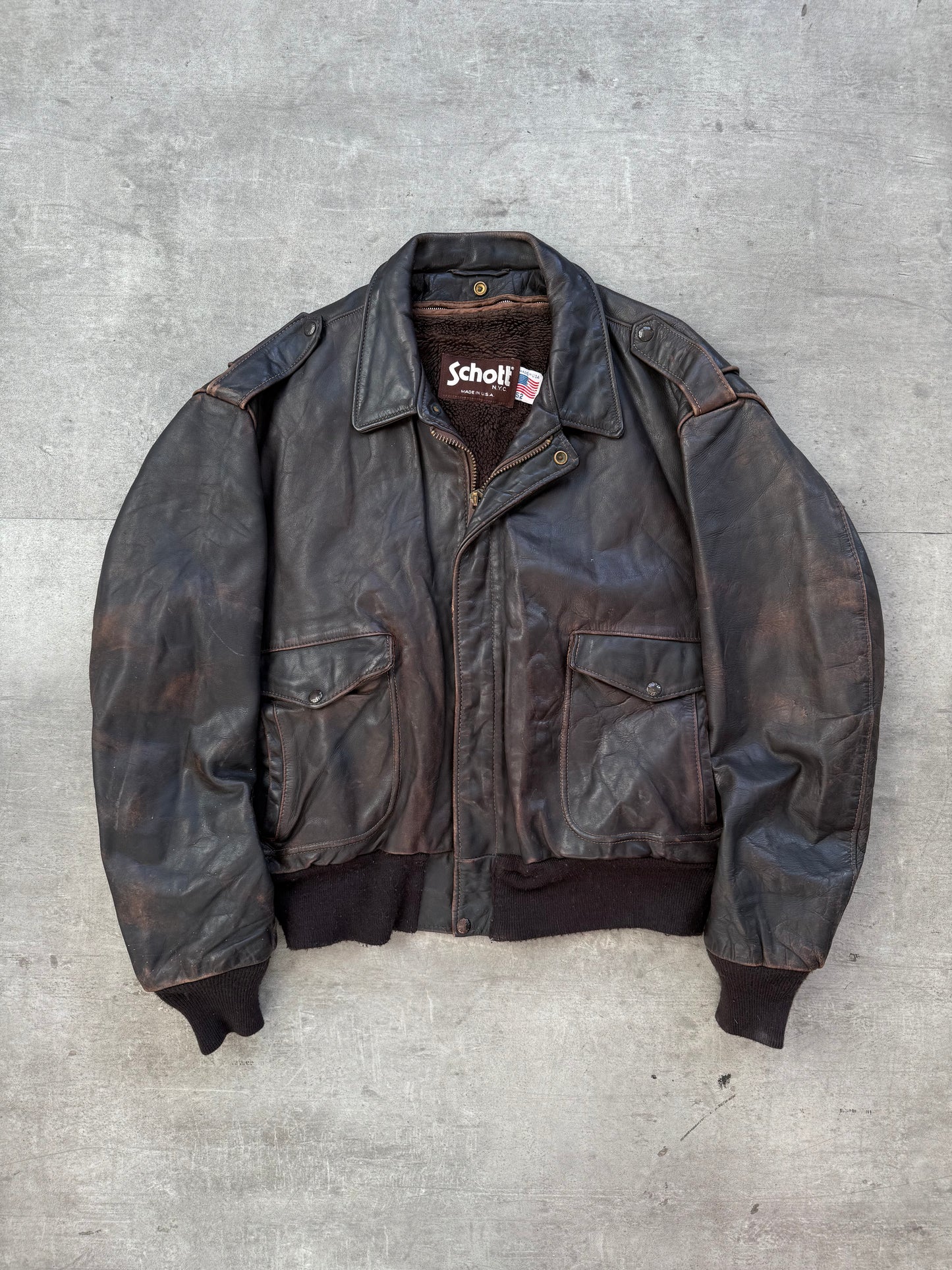 1980's Schott NYC Brown Leather Modular A2 Bomber Jacket