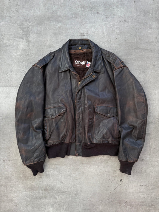 1980's Schott NYC Brown Leather Modular A2 Bomber Jacket
