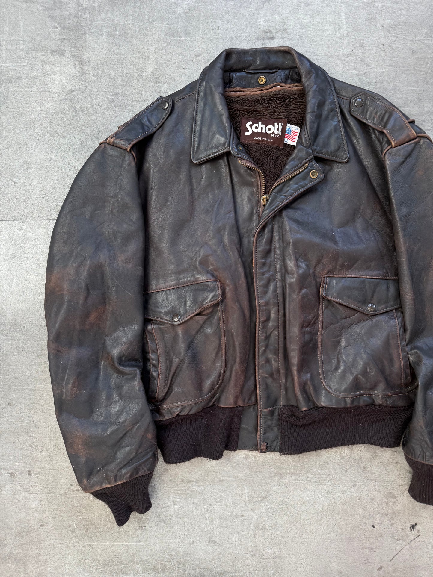 1980's Schott NYC Brown Leather Modular A2 Bomber Jacket