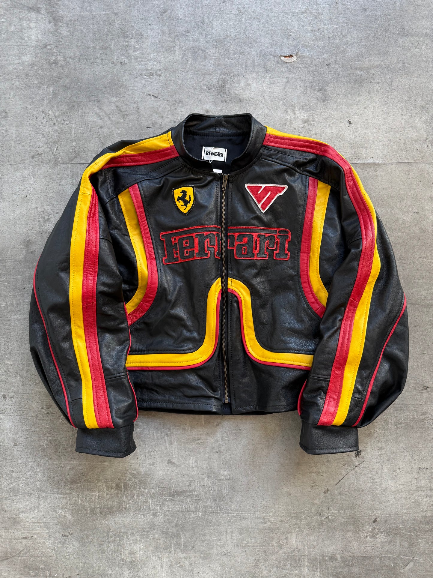 VT Rework: Racing Stripe Ferrari Patch Leather Racer Jacket