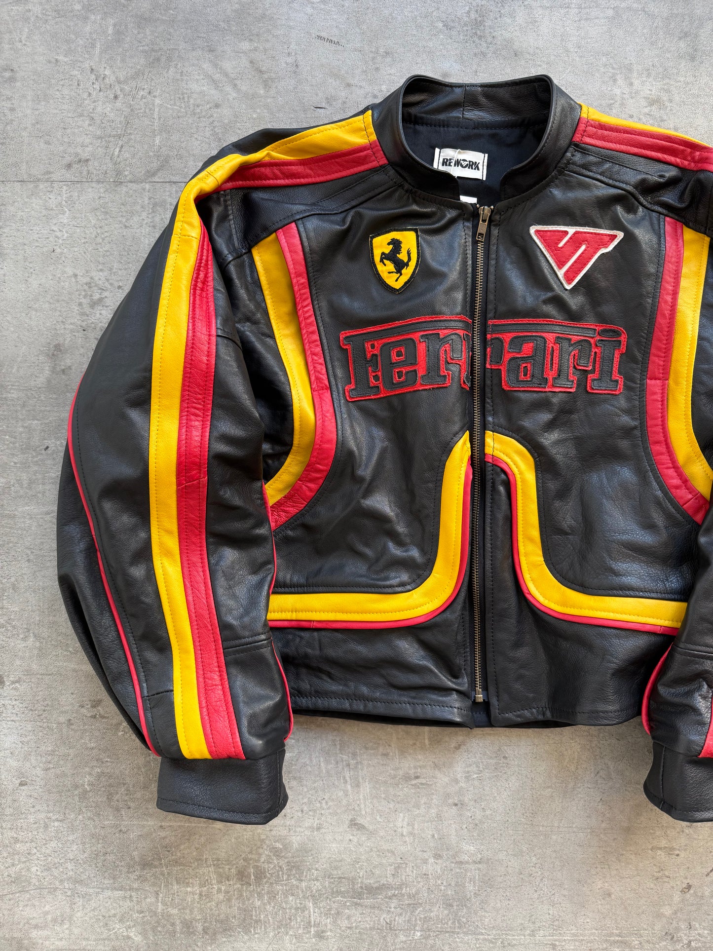 VT Rework: Racing Stripe Ferrari Patch Leather Racer Jacket